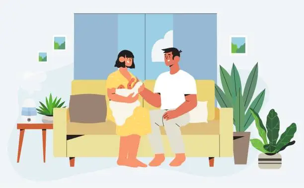 Vector illustration of Happy family sitting on sofa in renovated apartment with trendy interior and furniture with house plants holding newly born child. Concept of family or house insurance for banner, landing page.