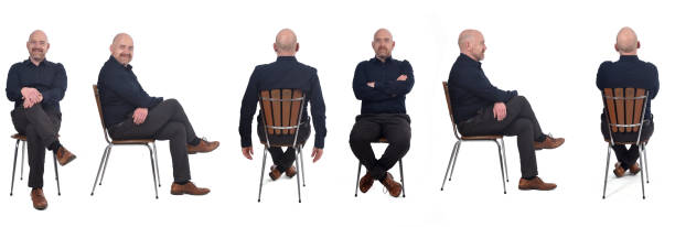 istock bald man sitting on white background on white background,front,side and back view 1222066628