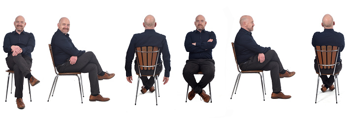 bald man sitting on white background on white background,front,side and back view