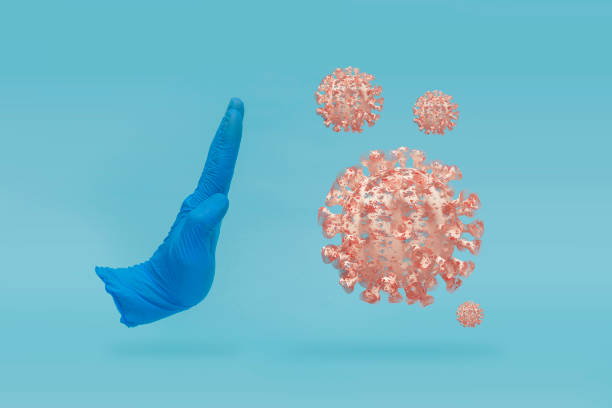 istock COVID-19 Visual concept - stop hand-gesture to virus infection. Stop sign with hand. Coronavirus pandemic 3D illustration. 1222066743