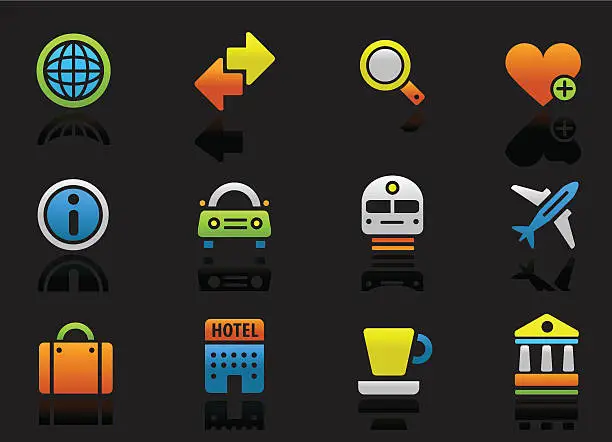 Vector illustration of Tourism and travel colored icons on the black