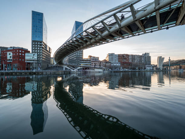 istock twin skyscrapers with white bridge spanning a river 1222068138