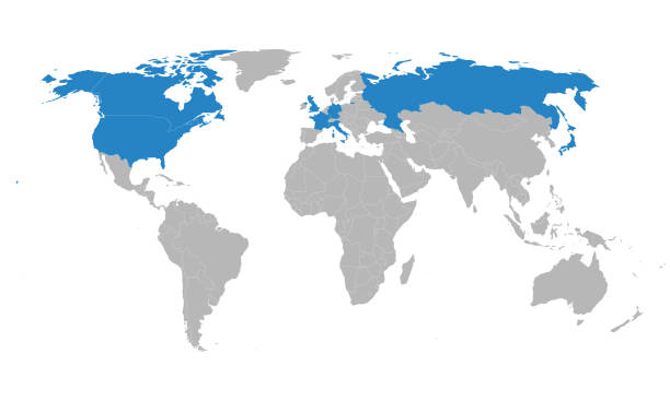 g8 회원국 지리적지도는 세계지도에 파란색을 강조 표시. - italy g8 politics russia stock illustrations