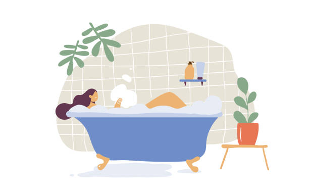 girl taking a bath flat  vector illustration. Relaxing at home, leisure time bathtub illustrations stock illustrations