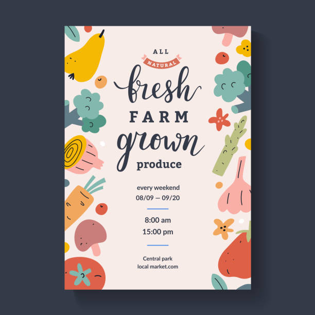 Farmers market lettering poster, calligraphy placard for agricultural fair with illustrations of fruit and vegetables, vector layout, pastel color design, announcement ad for farm marketplace Farmers market lettering poster, calligraphy placard for agricultural fair with illustrations of fruit and vegetables, vector layout, modern pastel color design, announcement ad for farm marketplace fruit borders stock illustrations