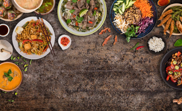 istock Asian food background with various ingredients on rustic stone background , top view. 1222074945