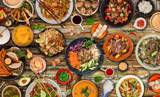 istock Asian food background with various ingredients on rustic wooden background , top view. 1222075003