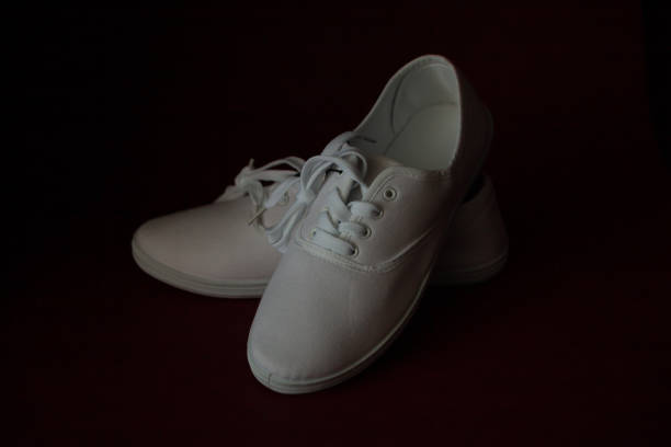 istock Pair of white sneakers standing on red background 1222075358
