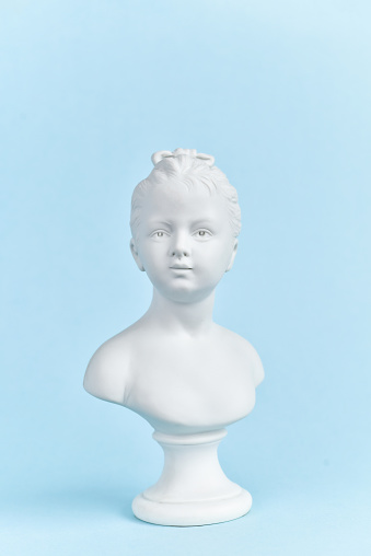 A plaster cast depicting the bust of the Greek goddess Hygeia, who was the patroness of pharmacy. Woman statue. from side view, 3d Rendering, single object