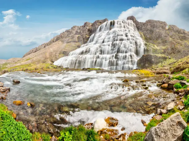 Photo of beautiful cascades of famlus Dynjandi waterfall, Westfjords, Iceland
