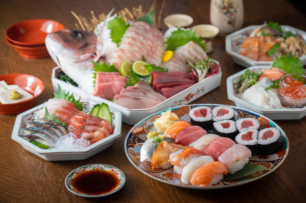 istock combination of japanese sushi and sashimi platter 1222079469