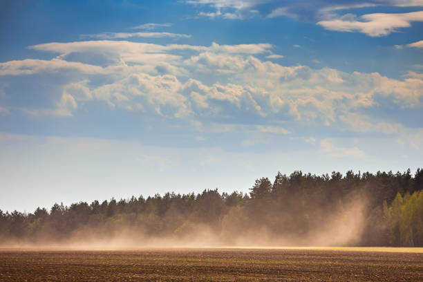 Dust storm in dry fields with strong wind, dry weather infuenced by climate change, spring weather