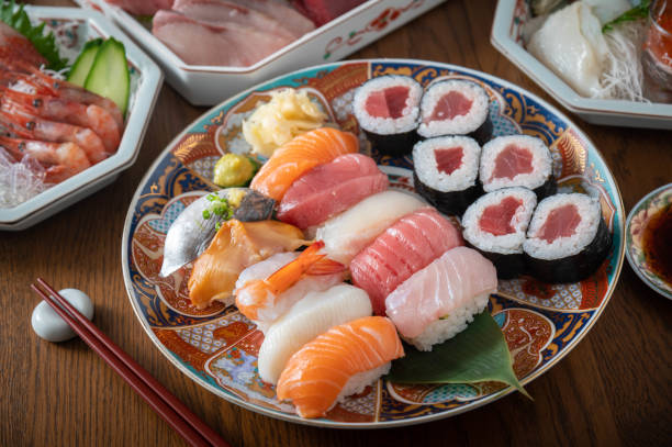 istock combination of japanese sushi and sashimi platter 1222080726
