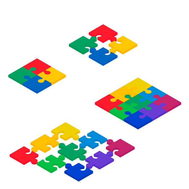 puzzlequadrate isometrischediagramm. . puzzle-infografik - jigsaw piece three dimensional three dimensional shape jigsaw puzzle stock-grafiken, -clipart, -cartoons und -symbole