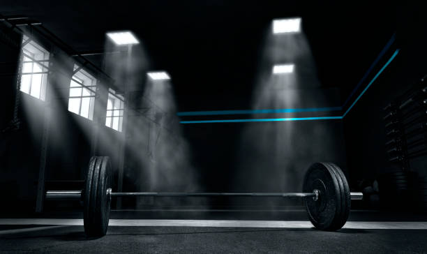 Image of barbell in the gym. stock photo