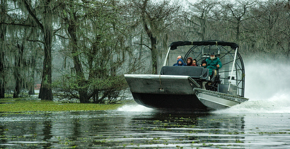 An Airboat Tour in the Atchafalaya River Basin Swamp in Southern Louisiana Under an Overcast Sky