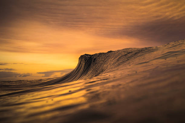 vague culminant sur le point de rompre avec le ciel orange brûlé du feu de forêt - green sky water wave photos et images de collection