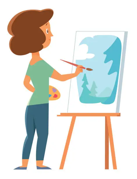 Vector illustration of Artist woman painting with palette, brush and easel