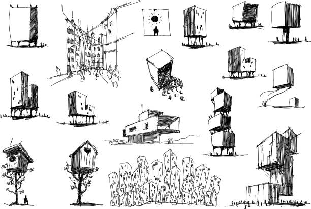 viele architektonische skizzen einer modernen architektur und baumhäuser - baumhaus stock-grafiken, -clipart, -cartoons und -symbole