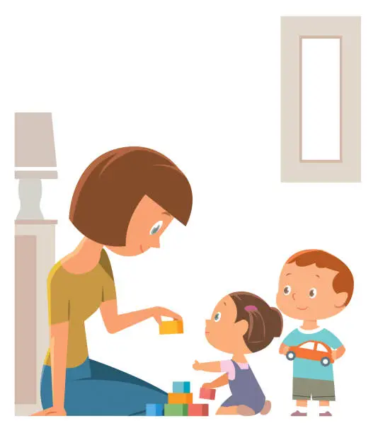 Vector illustration of Mother And Children Playing With toys in the playroom