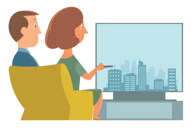 Vector illustration of Couple enjoying watching a TV at home flat