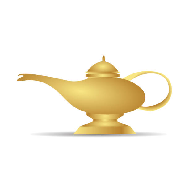 ilustraciones, imágenes clip art, dibujos animados e iconos de stock de ilustración de lámpara mágica arábiga dorada - magic lamp genie lamp smoke