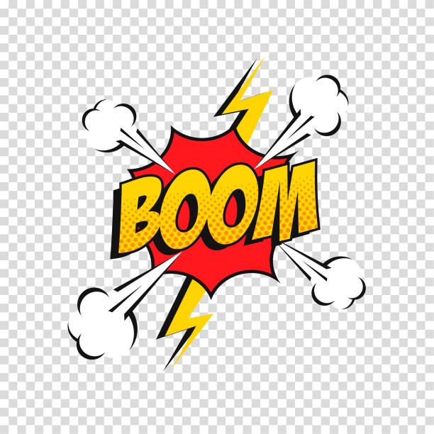 ilustraciones, imágenes clip art, dibujos animados e iconos de stock de efecto de sonido cómic vectorial con frase boom. - sound effect