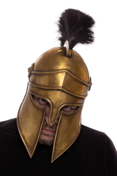 istock Man in historical copy helmet Spartan warrior on a white background 1222091760