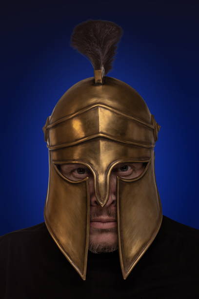 istock Man in historical copy helmet Spartan warrior on a white background 1222091813