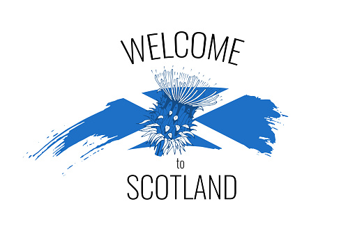 Abstract travel concept for logo, icon, poster, banner, design flag or t-shirt print. Welcome to Scotland font with national Scottish flag stroke and thistle on white background. Vector illustration