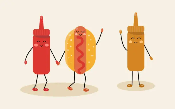 Vector illustration of Cute hot dog with ketchup and mustard. Kawaii characters. Vector food.