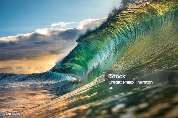 Powerful Green Wave Breaking Heavily In Ocean Stock Photo - Download Image Now - Wave - Water, Sea, Nature
