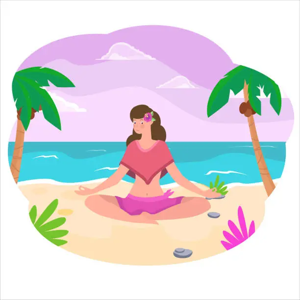 Vector illustration of woman sitting on the beach in yoga pose on sunset.