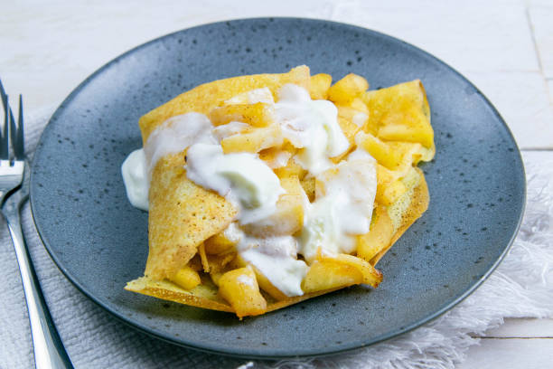 istock Apple cinnamon pancake with ice cream. Front view, closeup 1222098564