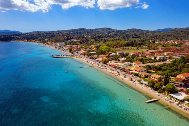 istock Beautiful long mediterranean beach in Greece aerial 1222098681
