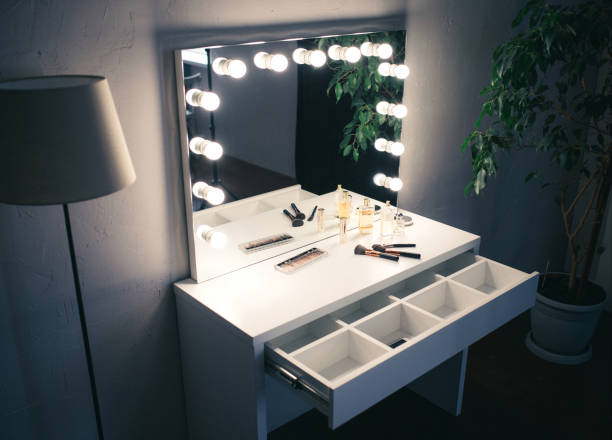 istock Make-up artist's workplace. Table with makeup mirror and cosmetics in the dressing room 1222098732