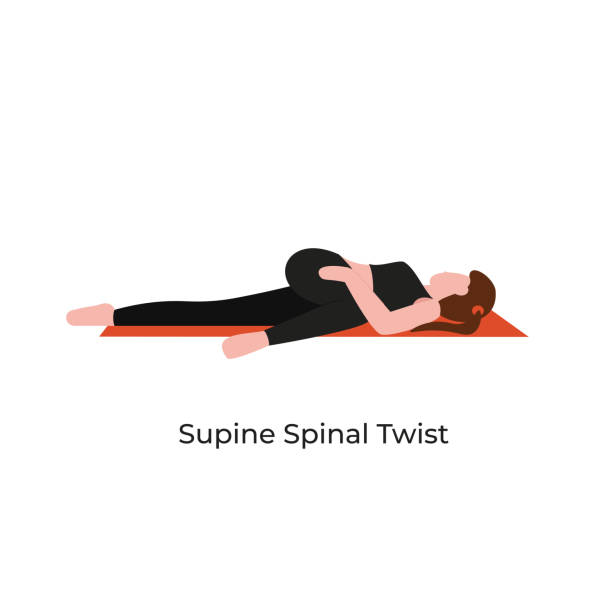 yoga poses supine spinal twist Young beautiful woman practicing yoga in supine spinal twist pose. Flat vector cartoon modern style illustration isolated white background. the twist stock illustrations