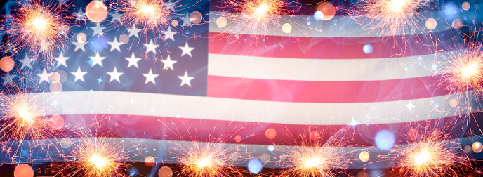 American Flag Background With Lit Sparklers, Bokeh And Smoke - Independence Day Celebration Concept