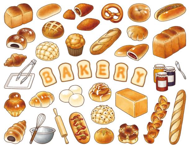 bildbanksillustrationer, clip art samt tecknat material och ikoner med illustrationsuppsättning för bagerivektor - cinnamon buns bakery