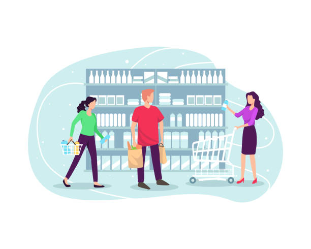 People shopping at supermarket and buying product Choosing products on the shelves and pushing carts or shopping baskets, Grocery shopping concept. Vector illustration in flat style supermarket aisles vector stock illustrations
