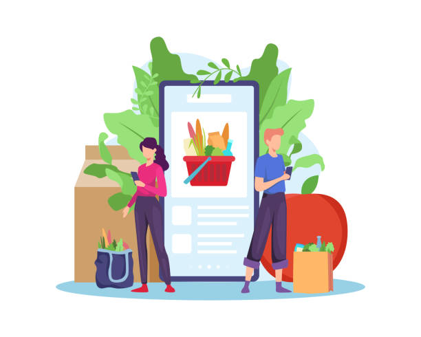 Order grocery online Order with smartphone, shopping online concept. People buying grocery food products in mobile app. Order and Delivery in Online Supermarket. Vector illustration in flat style supermarket stock illustrations