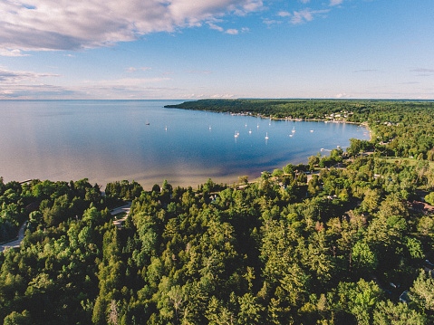 Aerial drone photography showing a picturesque view of downtown Ephraim, Wisconsin and the harbor. Ephraim is located on the Door County Peninsula in Wisconsin.