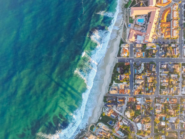Aerial View of Windansea Beach and Homes in La Jolla San Diego California Aerial drone photography showing Windansea Beach and a neighborhood of homes in La Jolla, California. La Jolla is a town in San Diego, situated along the Pacific Ocean. la jolla stock pictures, royalty-free photos & images