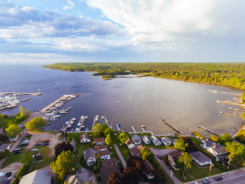 Downtown Fish Creek and Peninsula State Park in Door County Wisconsin by Aerial Drone