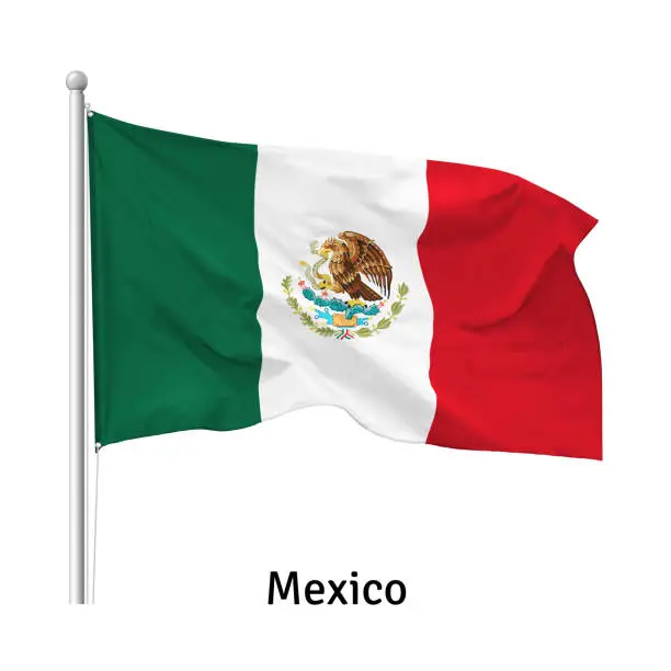 Vector illustration of Flag of the United Mexican States in the wind on flagpole, vector