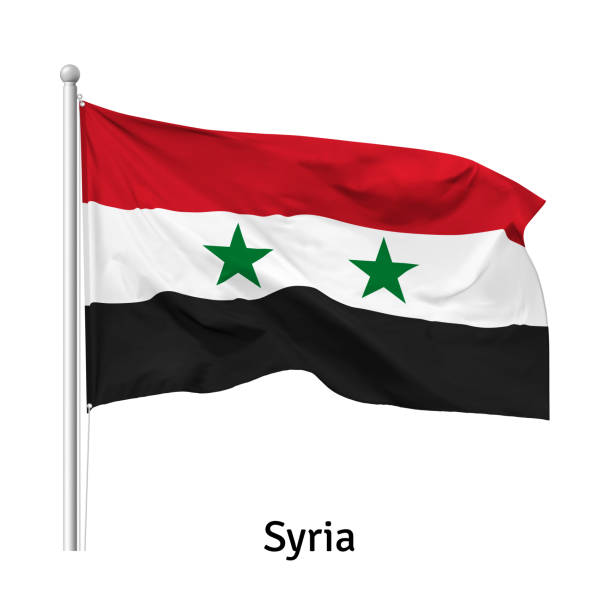 istock Flag of the Syrian Arab Republic in the wind on flagpole, vector 1222109711