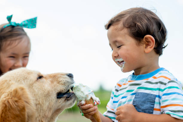 Mixed race siblings eating a summer treat.