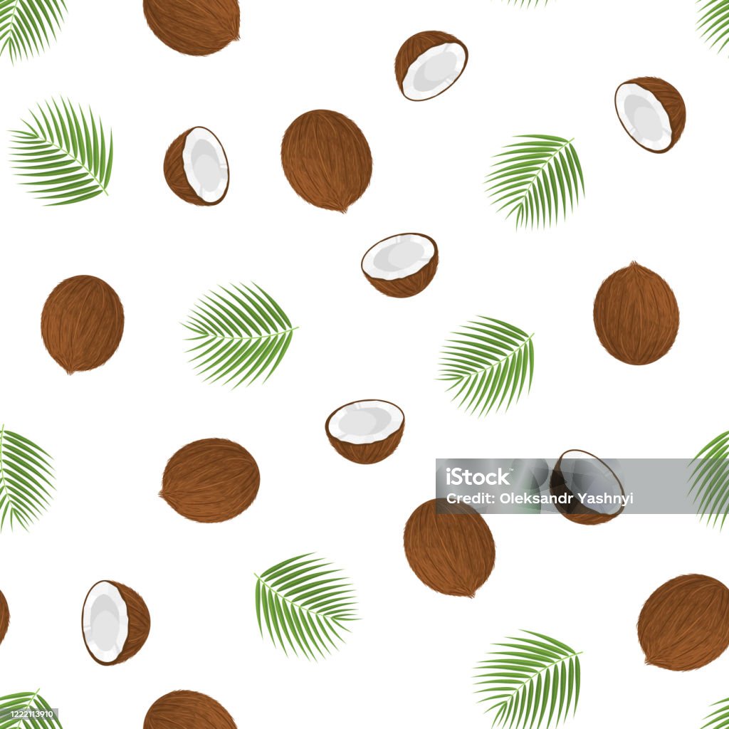 Ilustración de Patrón Sin Costuras Con Dibujos Animados Detallados Marrón Exótico Coco Entero Mitad Y Hoja Verde Frutas De Verano Para Un Estilo De Vida Saludable Fruta Orgánica Ilustración Vectorial Para Cualquier Ilustración de Patrón Sin Costuras Con Dibujos Animados Detallados Marrón Exótico Coco Entero Mitad Y Hoja Verde Frutas De Verano Para Un Estilo De Vida Saludable Fruta Orgánica Ilustración Vectorial Para Cualquier
