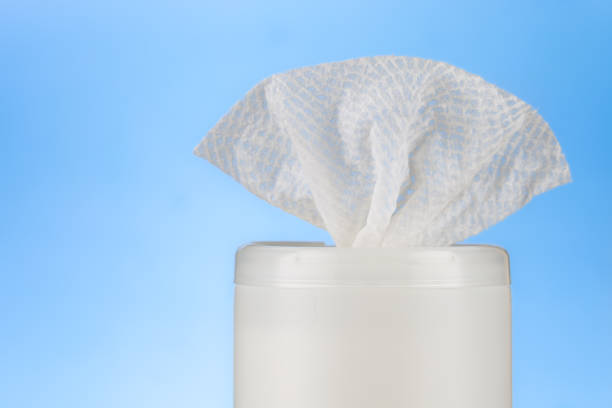 istock Dispensing container with bleach sanitizing wipes on blue background 1222114614