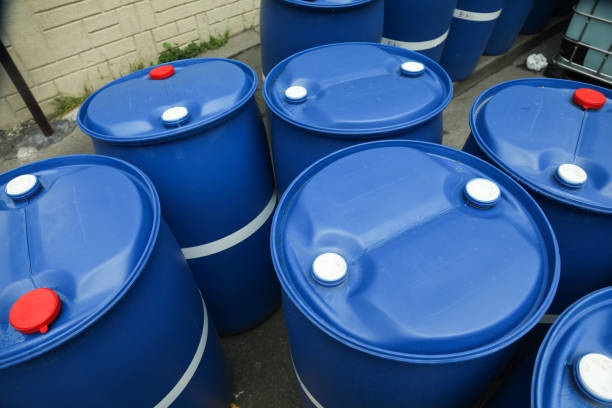 istock Chemical Plant, Plastic Storage Drums blue item 1222116144